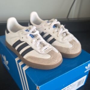 Adidas White and Black Sneakers with Tan Accents